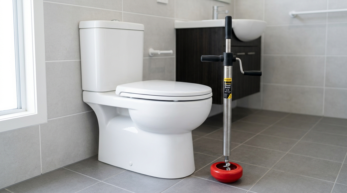Professional drop-head toilet auger and cleared porcelain bowl in Bloomfield, CT - CT Toilet Repair Co.