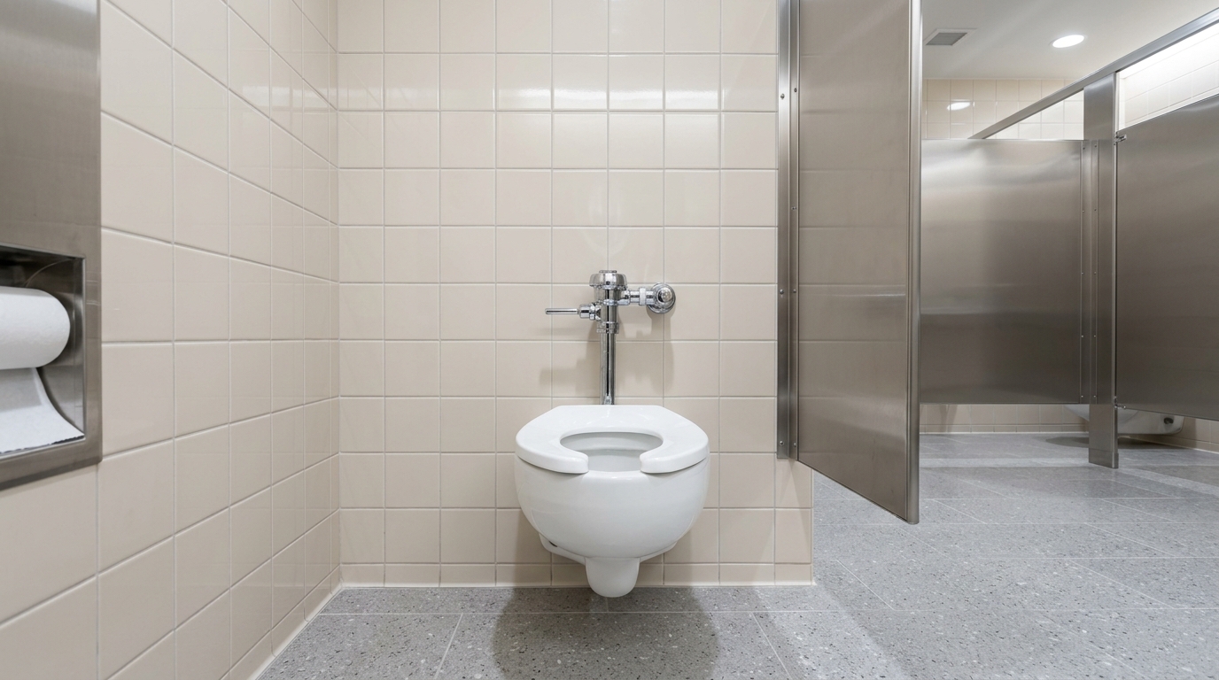 Commercial Sloan flushometer valve installed on vitreous china toilet bowl